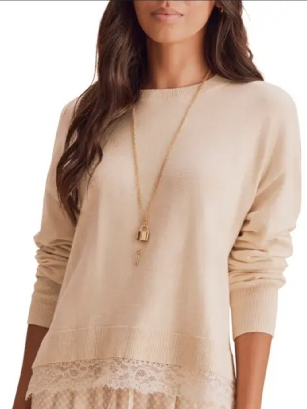 Lauren Conrad Light Beige Lace-Hem Women's Knit Top ~ Size Medium